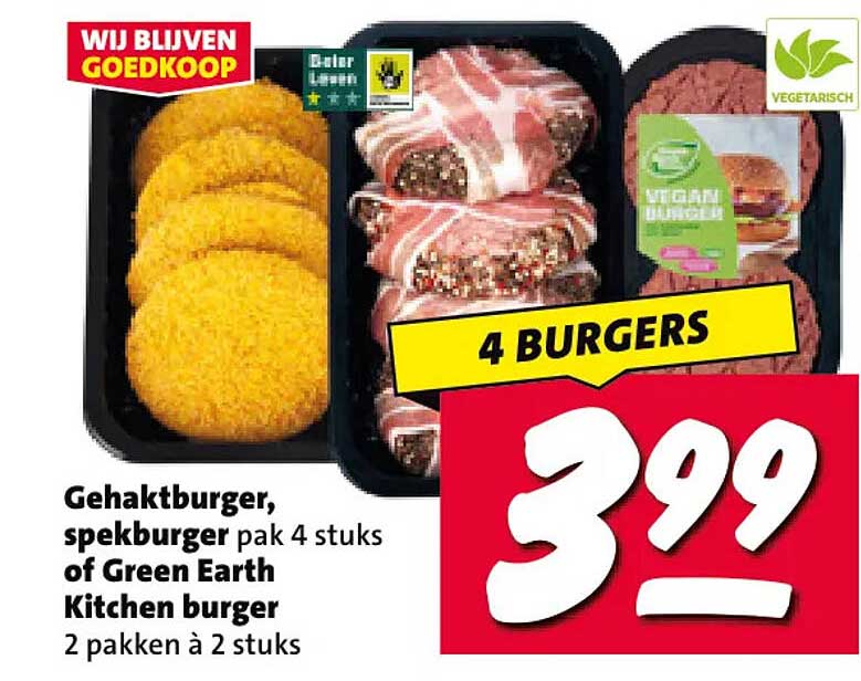 Gehaktburger, spekburger pak 4 stuks of Green Earth Kitchen burger 2 pakken a 2 stuks 4 BURGERS