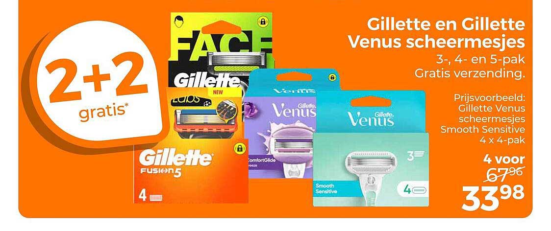Gillette en Gillette Venus scheermesjes 3-, 4- en 5-pak 2+2 gratis