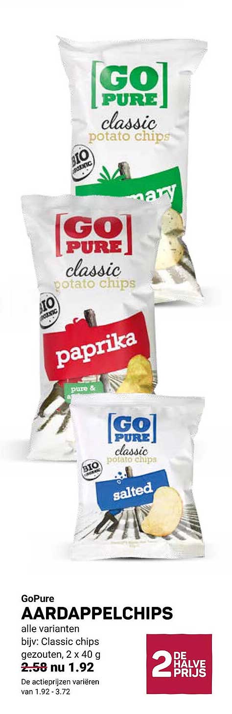 GoPure AARDAPPELCHIPS alle varianten bijv: Classic chips gezouten, 2 x 40 g 2e halve prijs