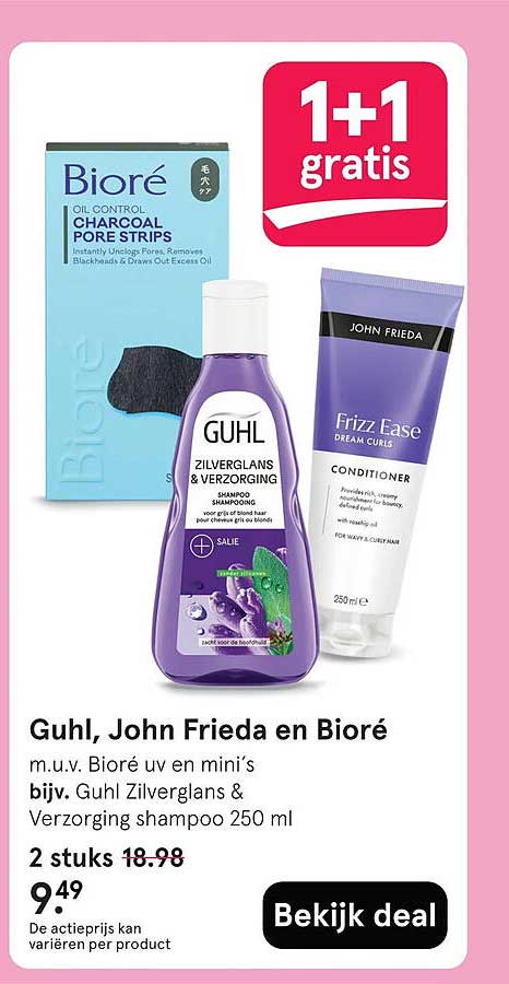 Guhl, John Frieda en Biogré m.u.v. Biogré uv en mini's bijv. Guhl Zilverglans & Verzorging shampoo 250 ml 1+1 gratis