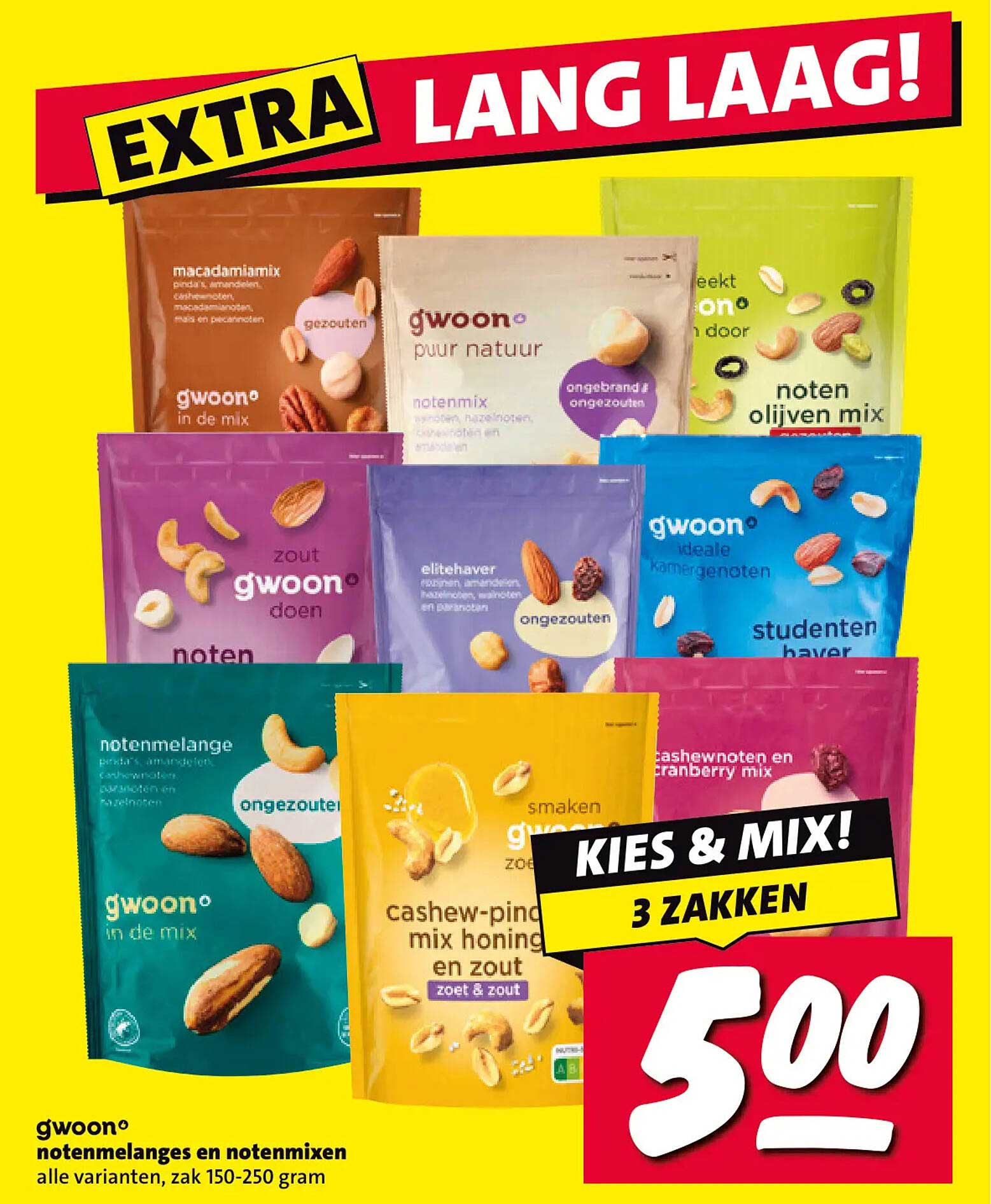 g'woon notenmelanges en notenmixen alle varianten, zak 150-250 gram KIES & MIX! 3 ZAKKEN