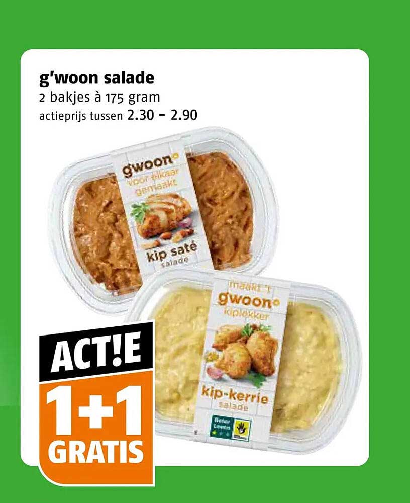 g'woon salade 2 bakjes à 175 gram 1+1 gratis