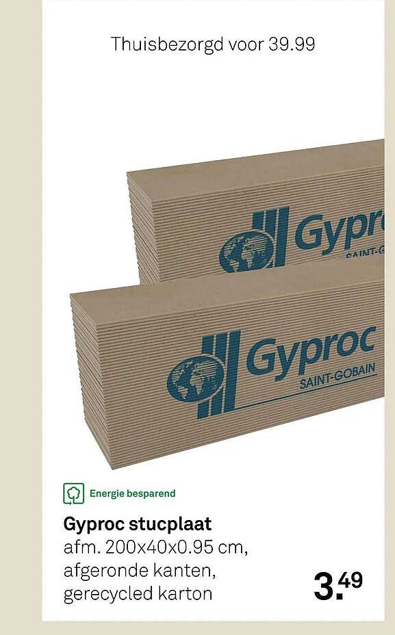 Gyproc stucplaat afm. 200x40x0.95 cm, afgeronde kanten, gerecycled karton