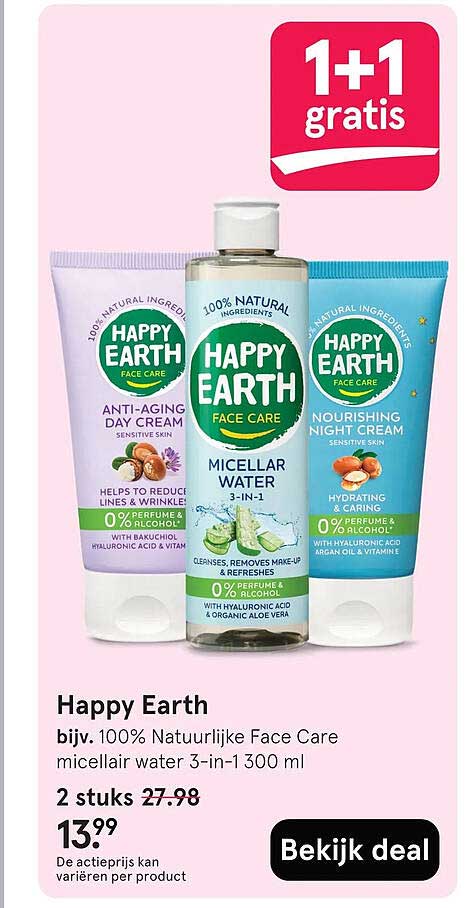 Happy Earth bijv. 100% Natuurlijke Face Care micellair water 3-in-1 300 ml 1+1 gratis