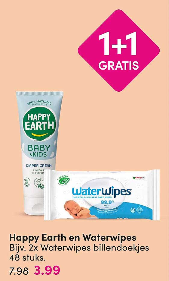 Happy Earth en Waterwipes Bijv. 2x Waterwipes billendoekjes 48 stuks 1+1 GRATIS