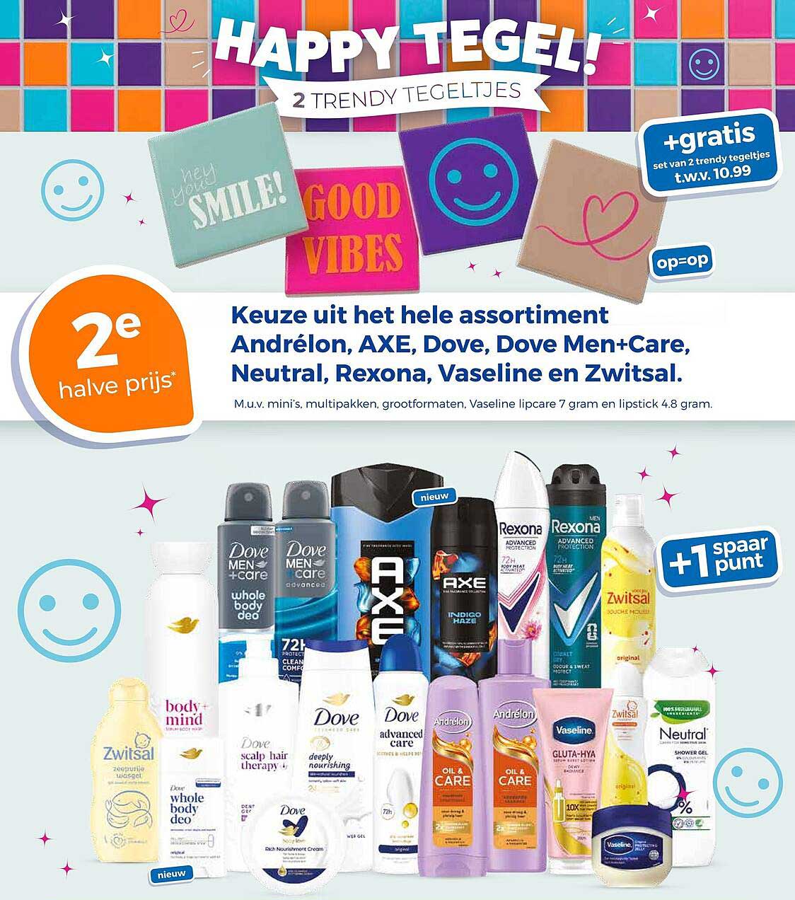 Happy Tegel! 2 trendy tegeltjes +gratis set van 2 trendy tegeltjes t.w.v. 10.99 2e halve prijs