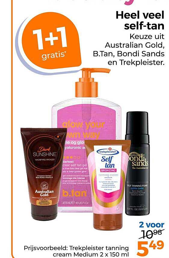 Heel veel self-tan Keuze uit Australian Gold, B.Tan, Bondi Sands en Trekpleister. 1+1 gratis