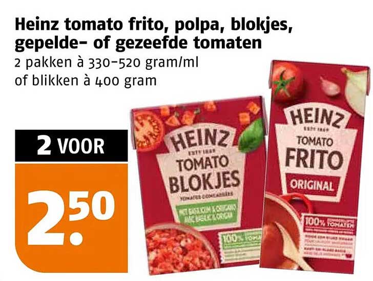 Heinz tomato frito, polpa, blokjes, gepelde- of gezeefde tomaten 2 voor