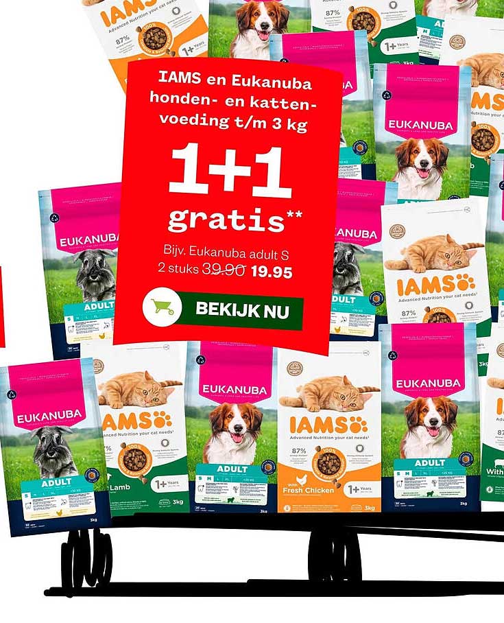IAMS en Eukanuba honden- en kattenvoeding t/m 3 kg 1+1 gratis**