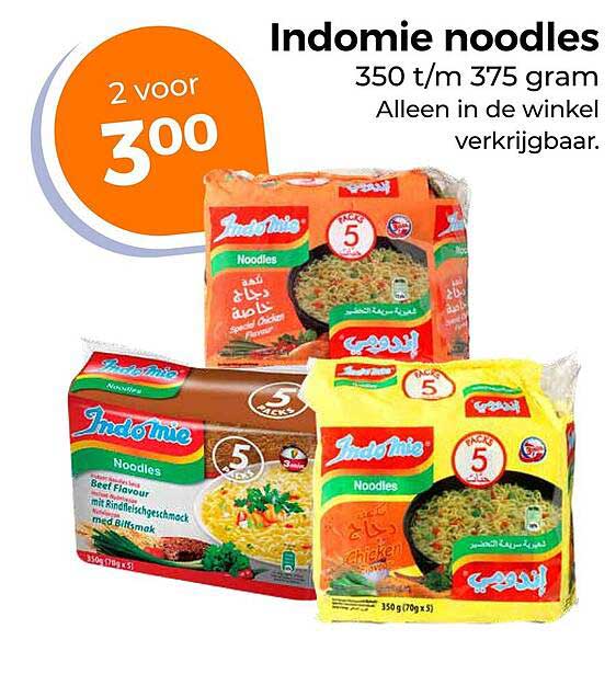 Indomie noodles 350 t/m 375 gram 2 voor 3,00