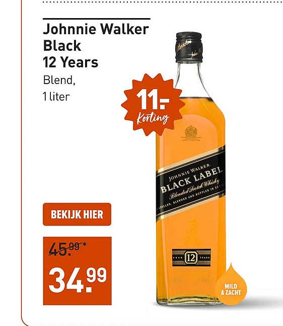 Johnnie Walker Black 12 Years Blend, 1 liter 11,- korting