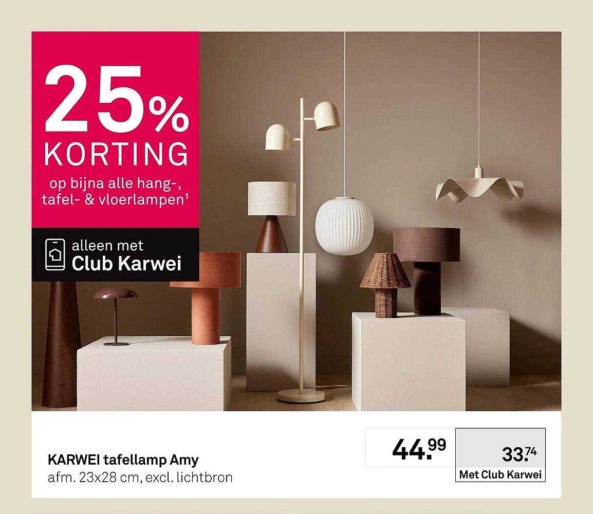 KARWEI tafellamp Amy 25% korting op bijna alle hang-, tafel- & vloerlampen