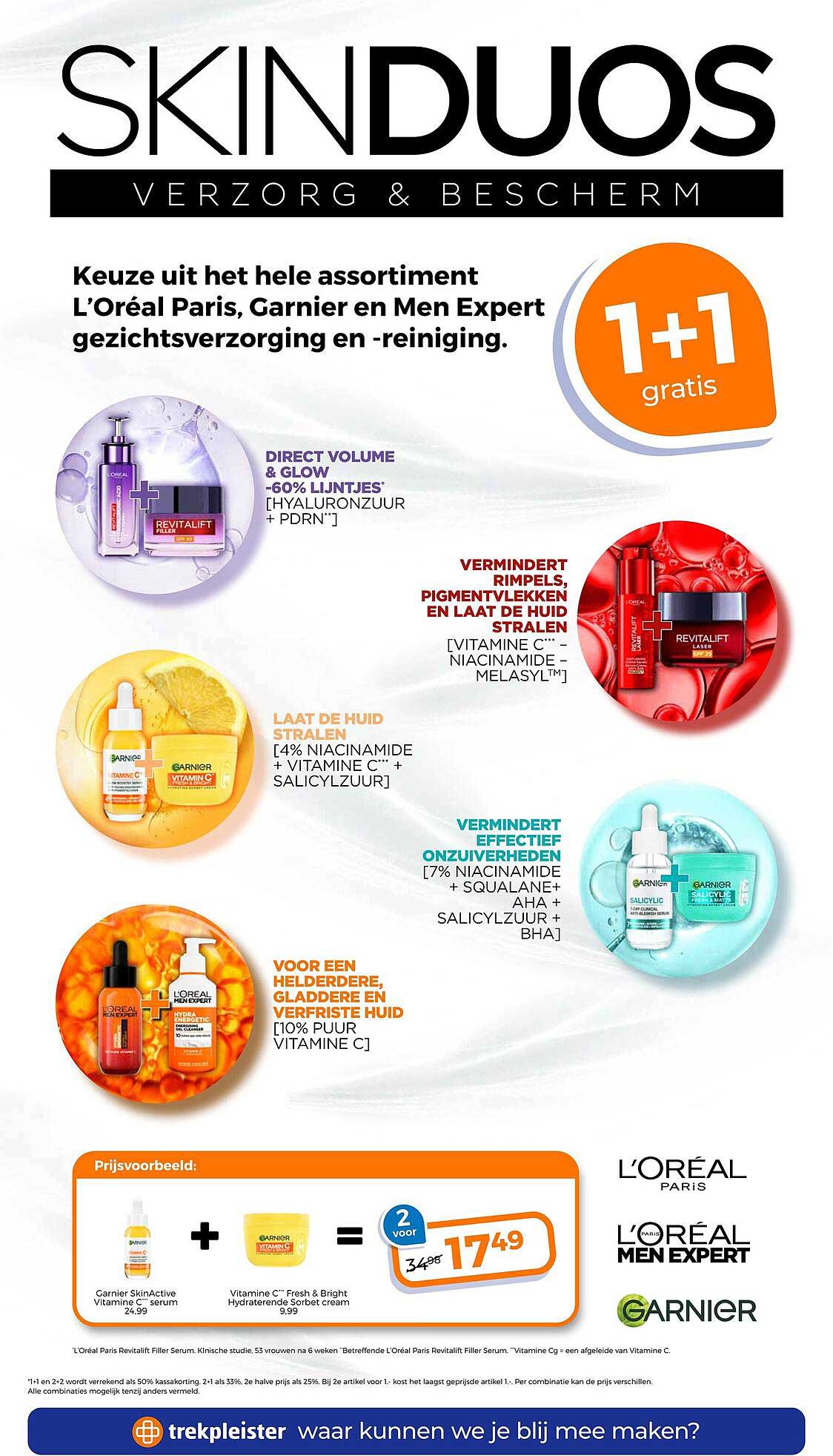 Keuze uit het hele assortiment L’Oréal Paris, Garnier en Men Expert gezichtsverzorging en -reiniging. 1+1 gratis