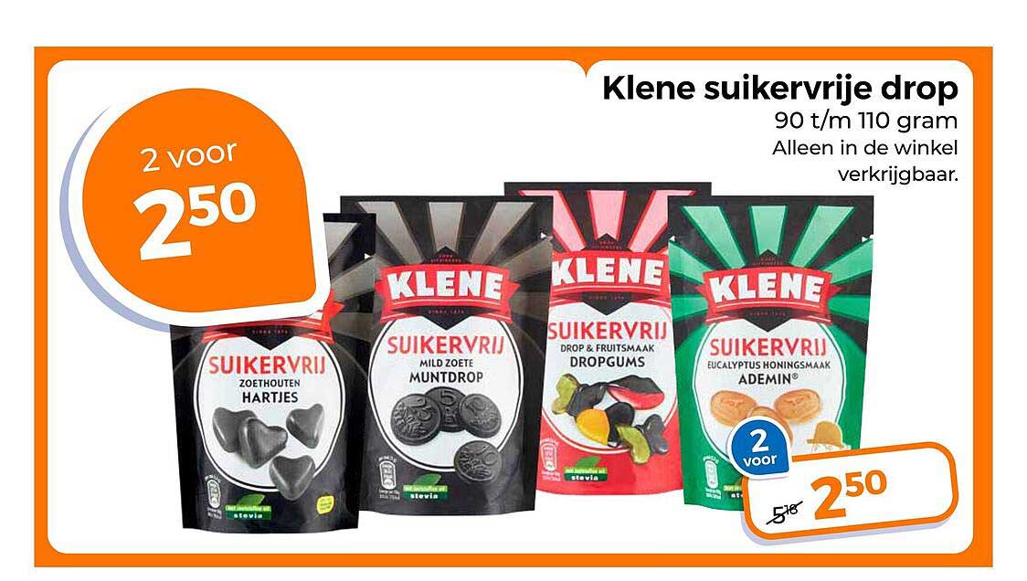 Klene suikervrije drop 90 t/m 110 gram 2 voor 2,50