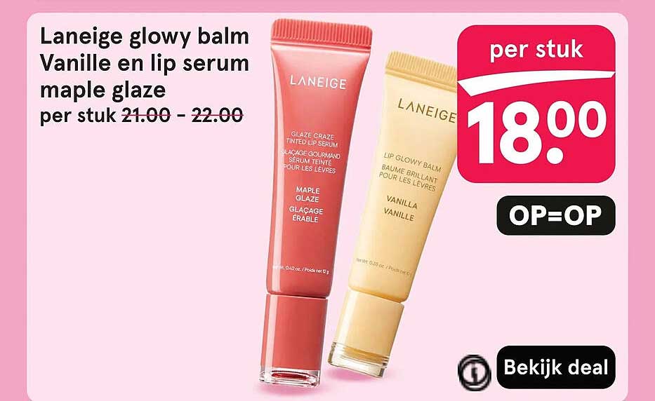 Laneige glowy balm Vanille en lip serum maple glaze per stuk OP=OP
