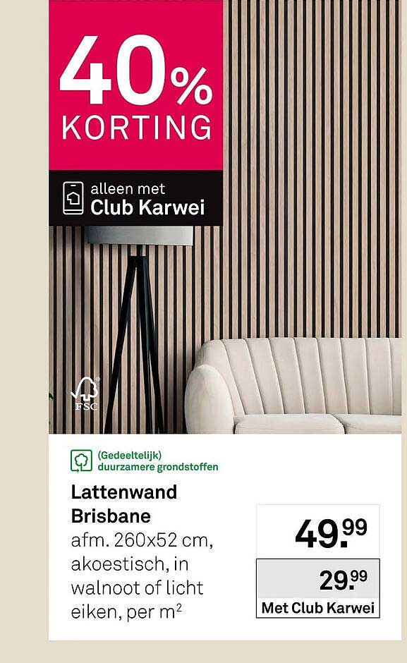 Lattenwand Brisbane afm. 260x52 cm, akoestisch, in walnoot of licht eiken, per m² 40% KORTING