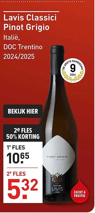 Lavis Classici Pinot Grigio Italië, DOC Trentino 2024/2025 2e fles 50% korting
