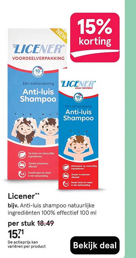 Licener** bijv. Anti-luis shampoo natuurlijke ingrediënten 100% effectief 100 ml 15% korting