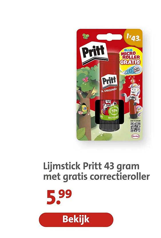 Lijmstick Pritt 43 gram met gratis correctieroller