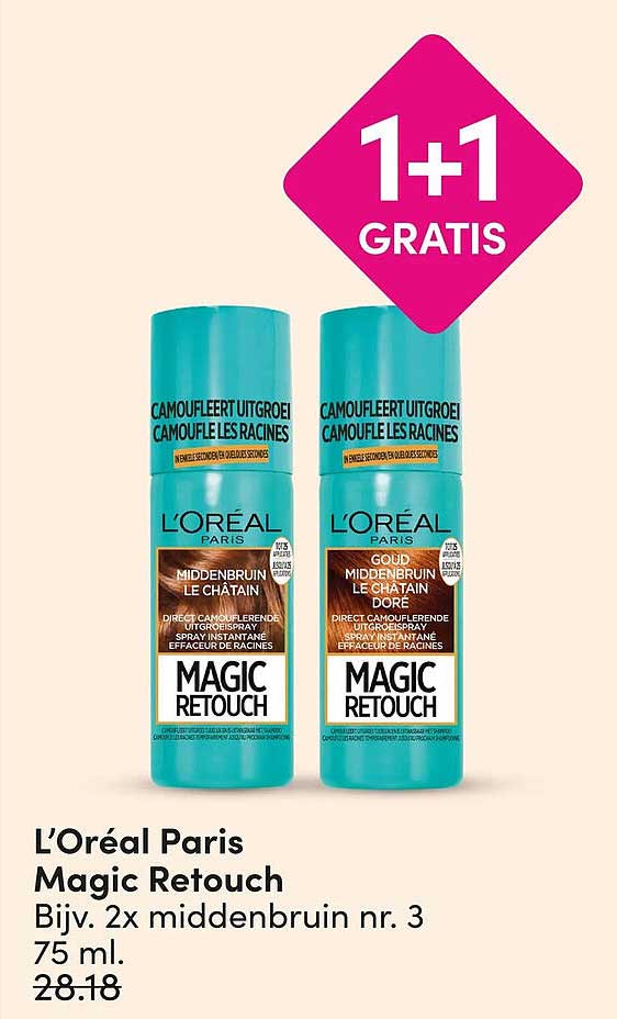 L’Oréal Paris Magic Retouch Bijv. 2x middenbruin nr. 3 75 ml. 1+1 gratis