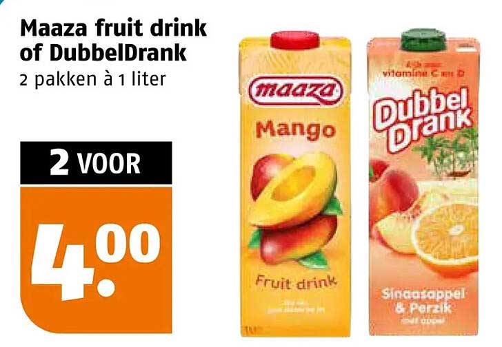 Maaza fruit drink of DubbelDrank 2 pakken à 1 liter 2 voor