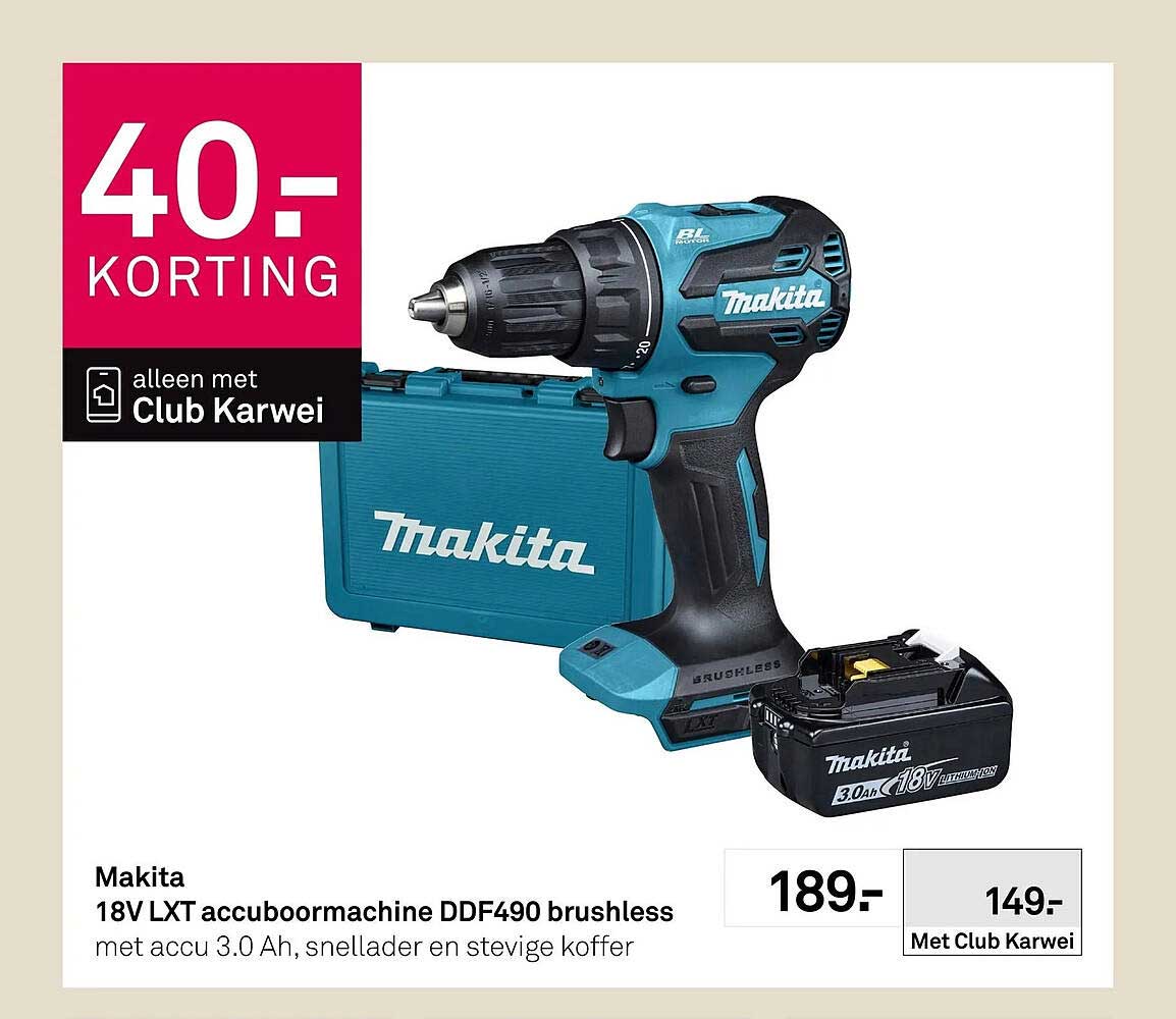 Makita 18V LXT accuboormachine DDF490 brushless met accu 3.0 Ah, snellader en stevige koffer 40% korting alleen met Club Karwei
