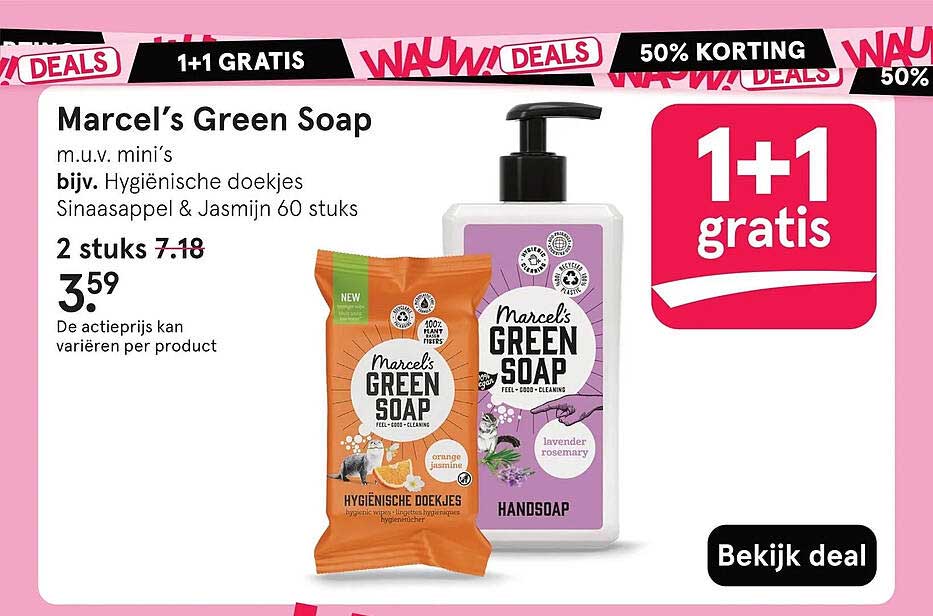 Marcel's Green Soap m.u.v. mini's bijv. Hygiënische doekjes Sinaasappel & Jasmijn 60 stuks 1+1 gratis