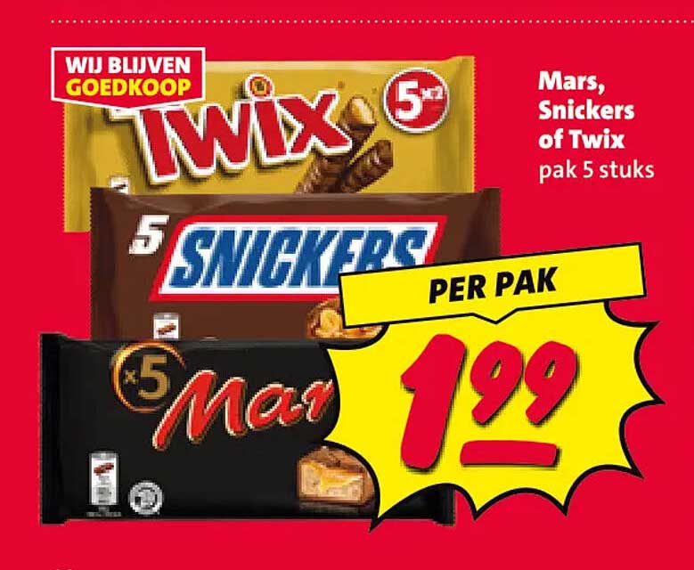 Mars, Snickers of Twix pak 5 stuks
