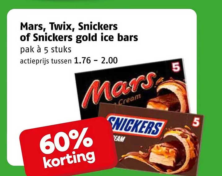 Mars, Twix, Snickers of Snickers gold ice bars pak à 5 stuks 60% korting