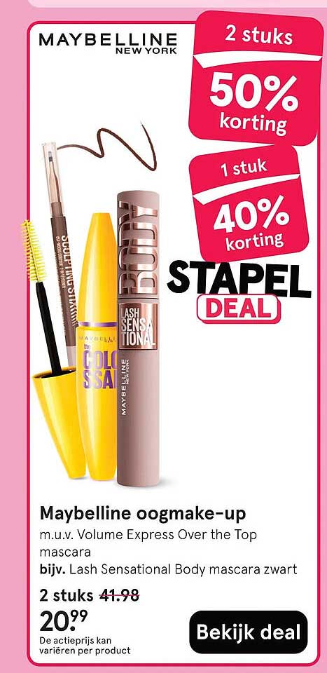 Maybelline oogmake-up m.u.v. Volume Express Over the Top mascara bijv. Lash Sensational Body mascara zwart 2 stuks 50% korting 1 stuk 40% korting STAPEL DEAL