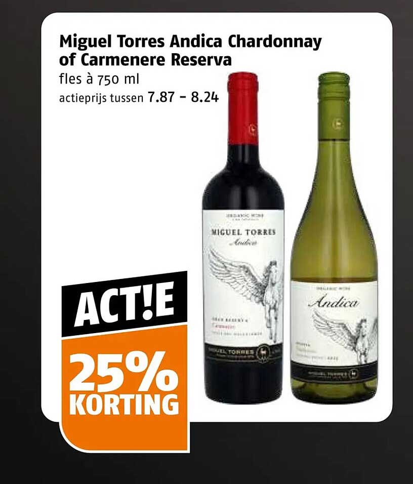 Miguel Torres Andica Chardonnay of Carmenere Reserva fles à 750 ml ACT!E 25% KORTING