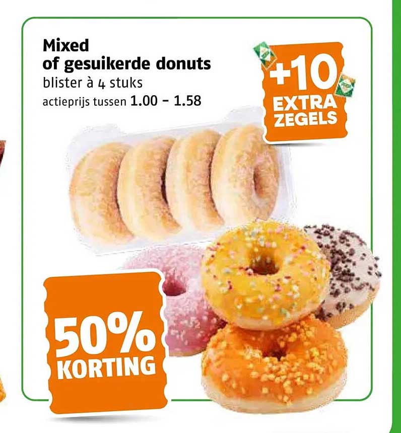 Mixed of gesuikerde donuts blister à 4 stuks 50% KORTING