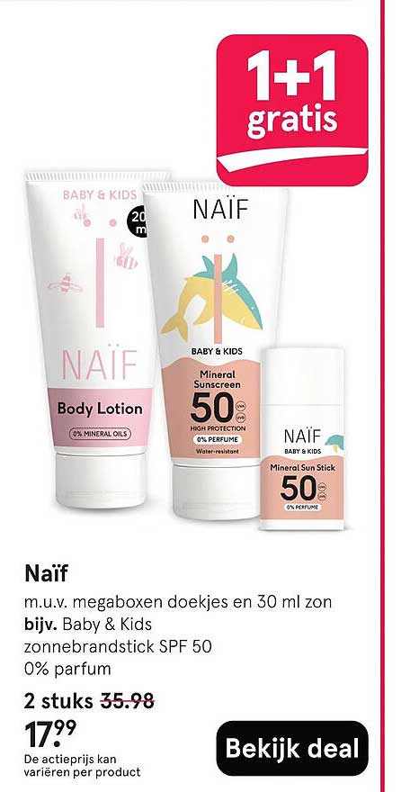 Naïf m.u.v. megaboxen doekjes en 30 ml zon bijv. Baby & Kids zonnebrandstick SPF 50 0% parfum 1+1 gratis