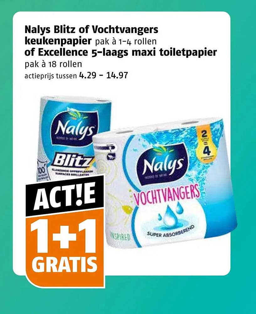Nalys Blitz of Vochtvangers keukenpapier pak à 1–4 rollen of Excellence 5-laags maxi toiletpapier pak à 18 rollen 1+1 gratis