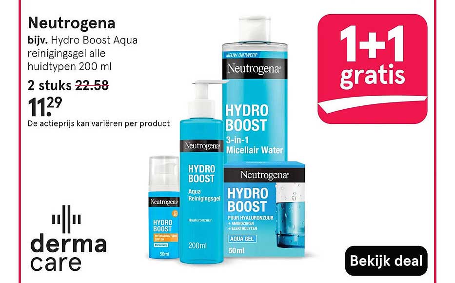 Neutrogena bijv. Hydro Boost Aqua reinigingsgel alle huidtypen 200 ml 1+1 gratis