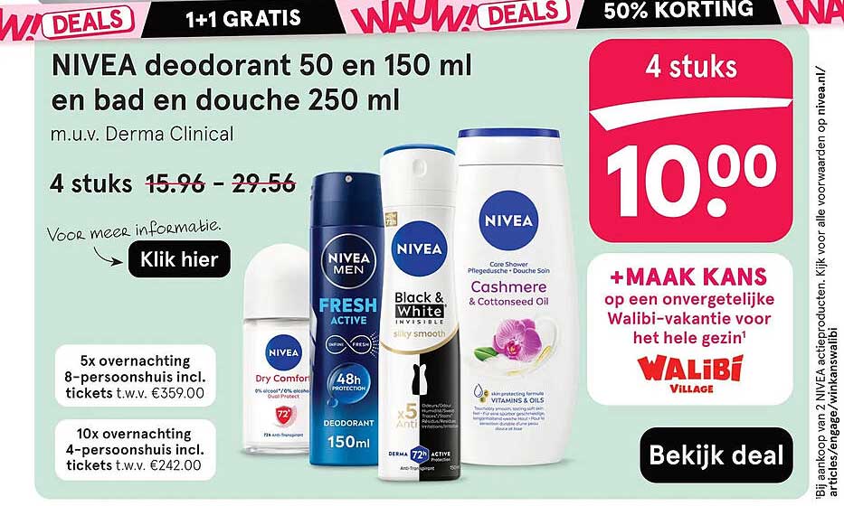 NIVEA deodorant 50 en 150 ml en bad en douche 250 ml 1+1 GRATIS