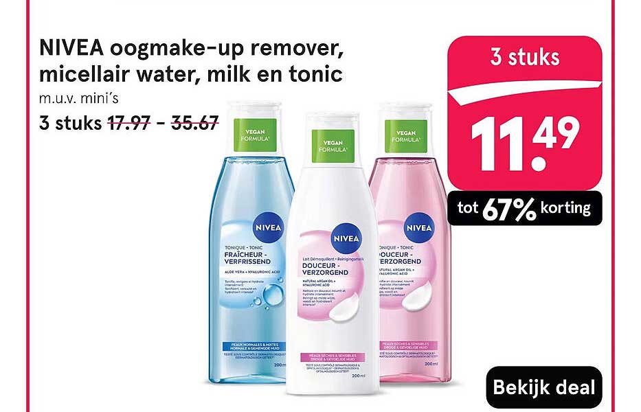 NIVEA oogmake-up remover, micellair water, milk en tonic 3 stuks tot 67% korting