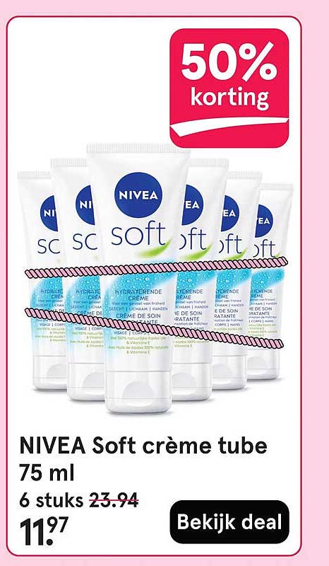 NIVEA Soft crème tube 75 ml 6 stuks 50% korting