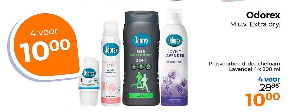 Odorex M.u.v. Extra dry. Prijsvoorbeeld: douchefoam Lavendel 4 x 200 ml 4 voor