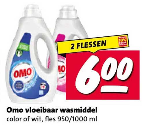Omo vloeibaar wasmiddel color of wit, fles 950/1000 ml 2 flessen