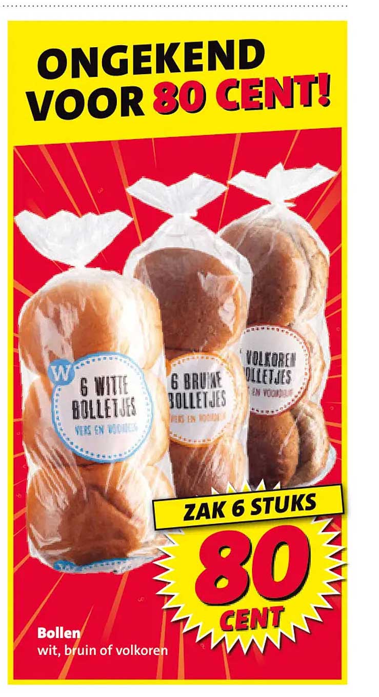 Ongekend voor 80 cent! Zak 6 stuks Bollen wit, bruin of volkoren