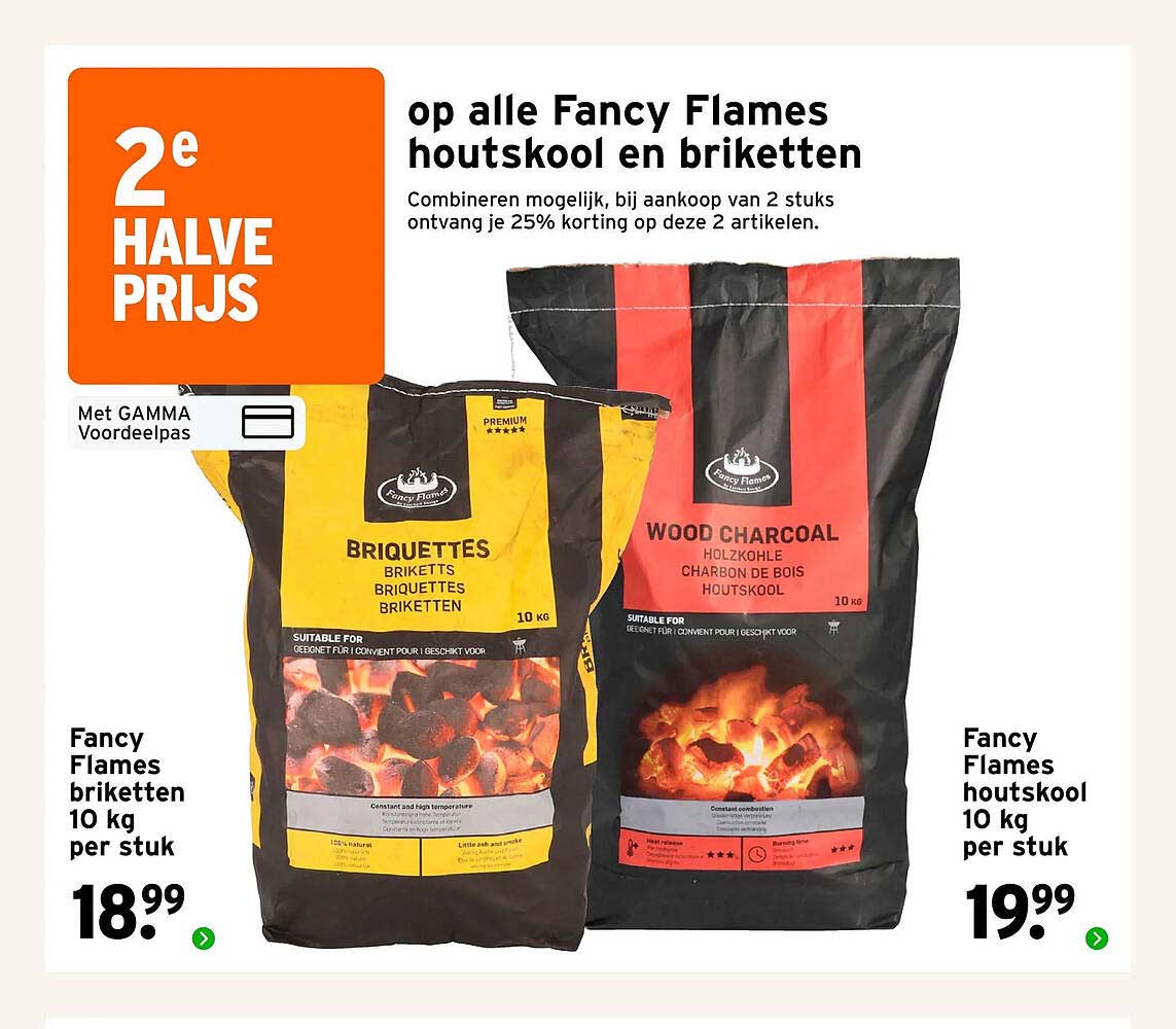 op alle Fancy Flames houtskool en briketten 2e halve prijs