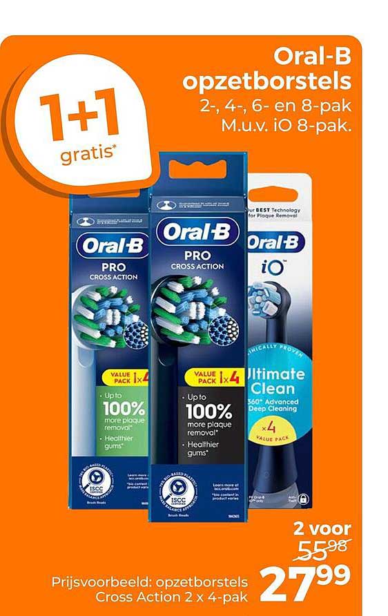 Oral-B opzetborstels 2-, 4-, 6- en 8-pak M.u.v. iO 8-pak. 1+1 gratis