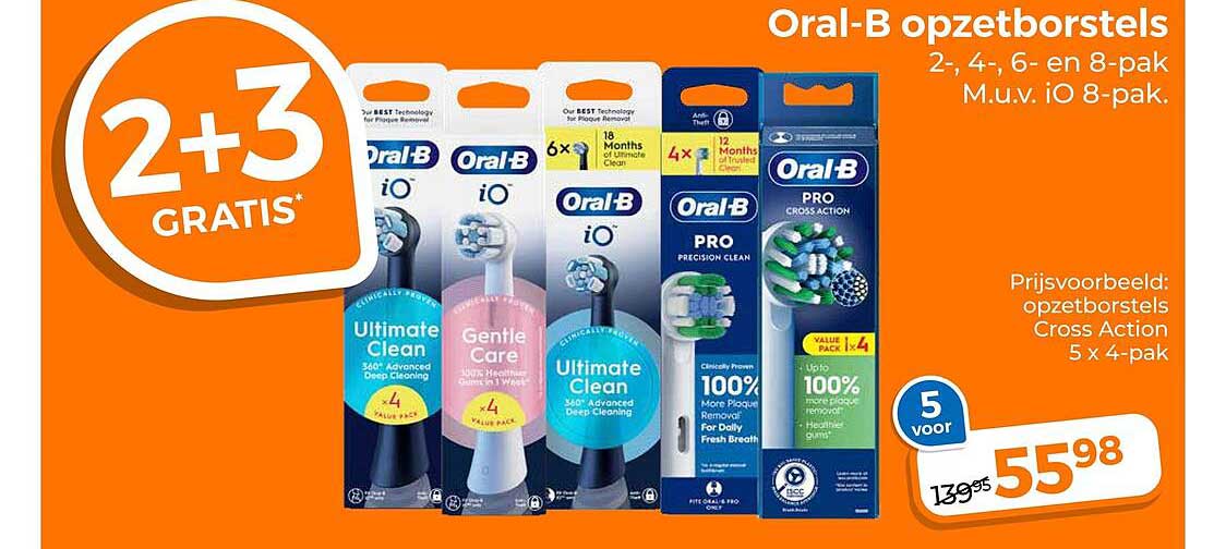 Oral-B opzetborstels 2-, 4-, 6- en 8-pak M.u.v. iO 8-pak. 2+3 GRATIS