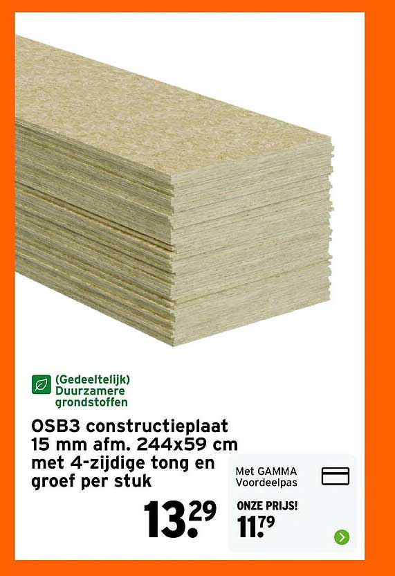 OSB3 constructieplaat 15 mm afm. 244x59 cm met 4-zijdige tong en groef per stuk
