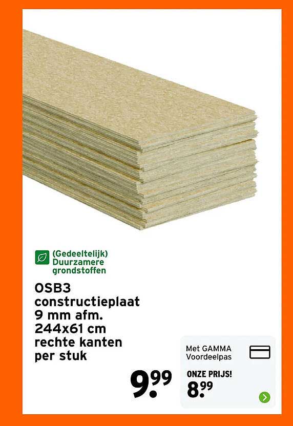 OSB3 constructieplaat 9 mm afm. 244x61 cm rechte kanten per stuk