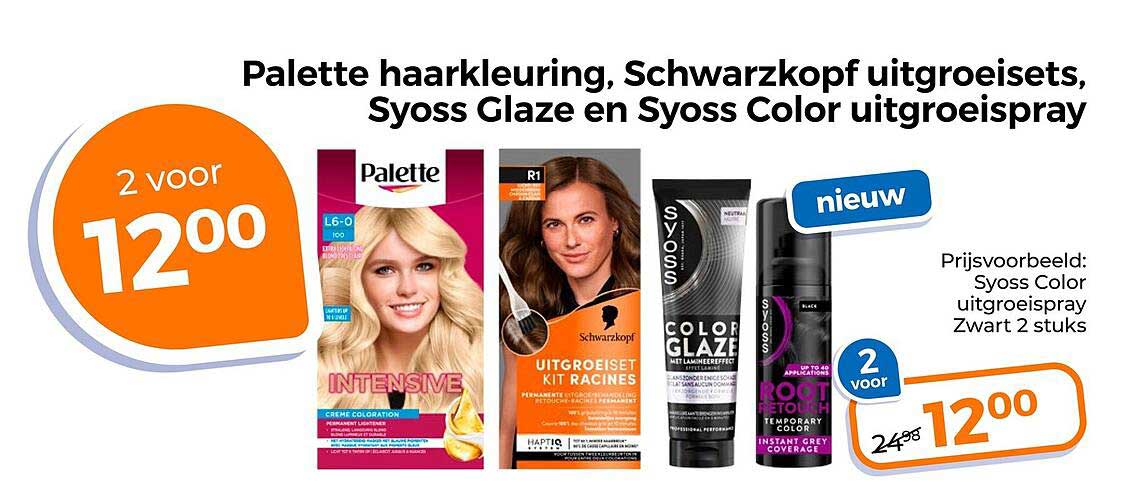 Palette haarkleuring, Schwarzkopf uitgroeisets, Syoss Glaze en Syoss Color uitgroeispray