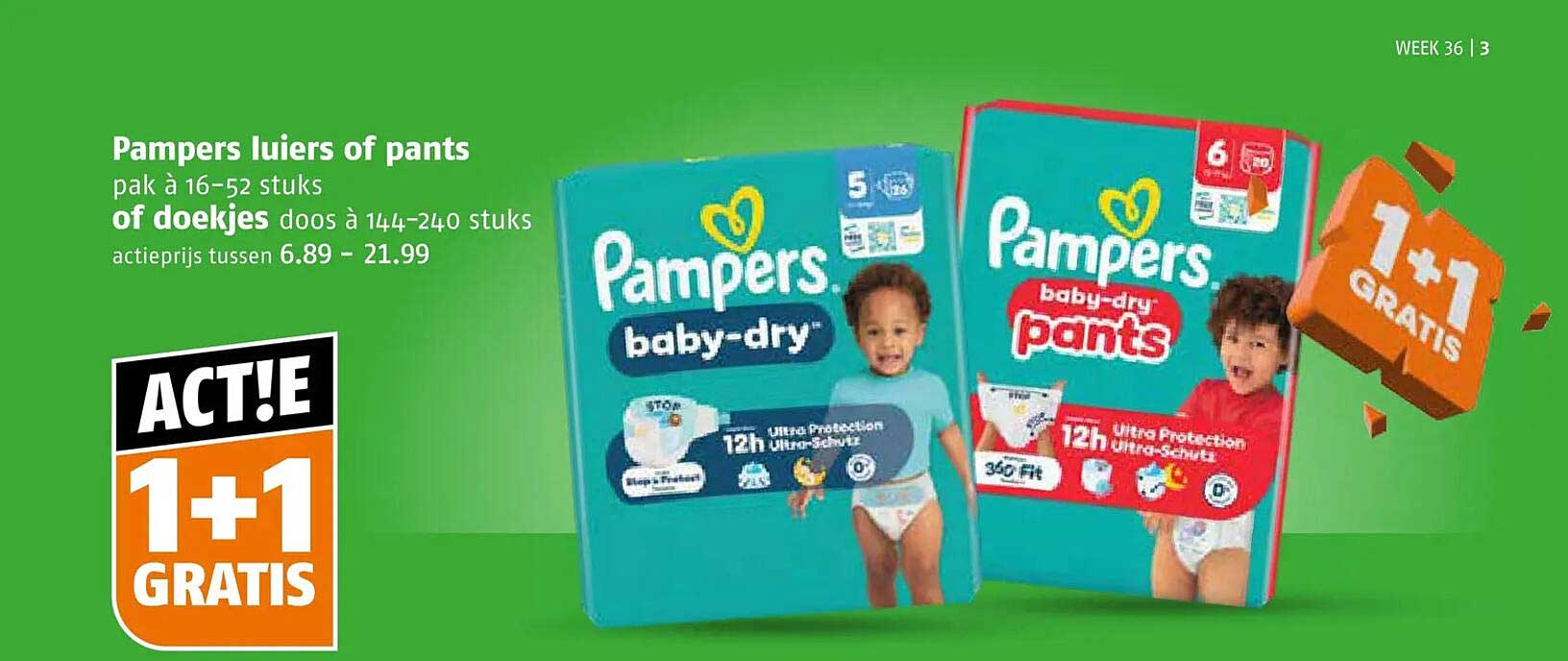 Pampers luiers of pants pak à 16-52 stuks of doekjes doos à 144-240 stuks 1+1 GRATIS