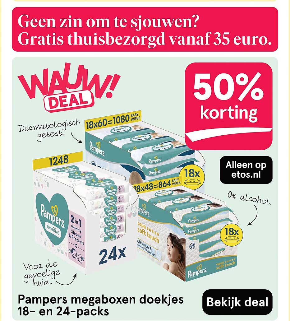 Pampers megaboxen doekjes 18- en 24-packs 50% korting