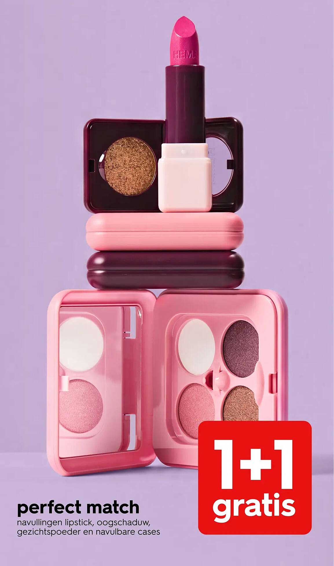 perfect match navullingen lipstick, oogschaduw, gezichtspoeder en navulbare cases 1+1 gratis